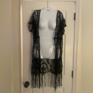 🩷 3/$18 Black Lace Fringe Kimono paisley print sheer swim cover up